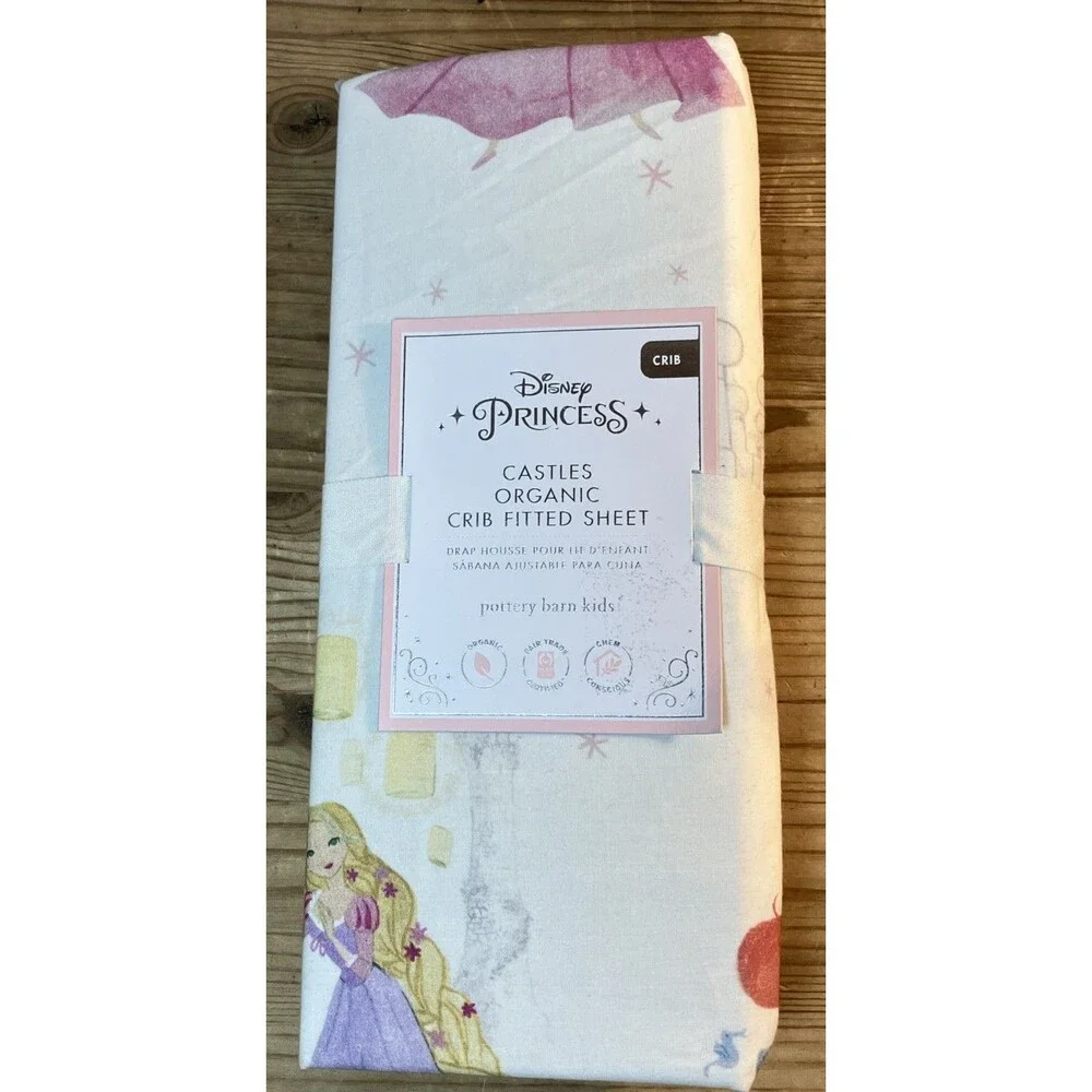 Pottery Barn Kids Disney Princess Castles Organic Crib Fitted Sheet NEW